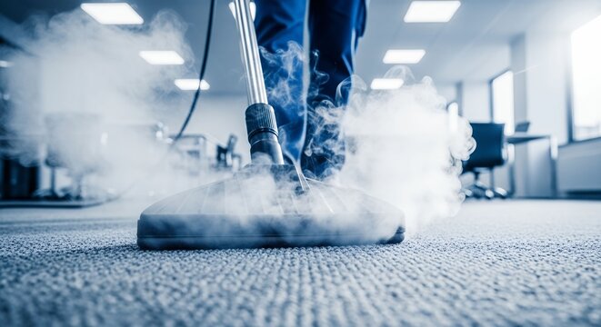 Professional carpet cleaning with steam in an office environment for hygiene