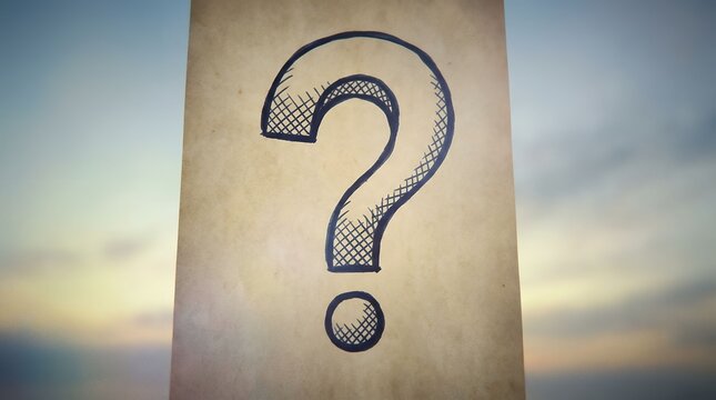 Question mark sketch on brown paper with blurred sky background for concept
