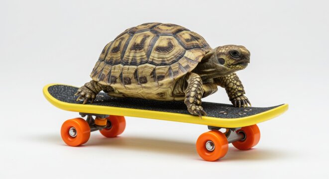 Turtle riding a skateboard isolated on white background