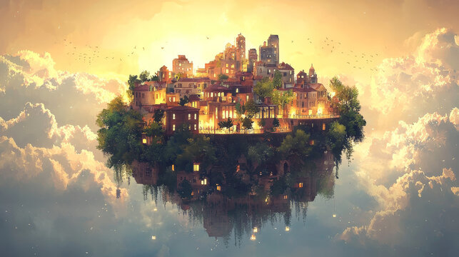 Floating city cloud sky dreamy surreal architecture glowing fantasy peaceful magical sunset imaginative futuristic urban serene whimsical ethereal landscape light creative tranquil artistic