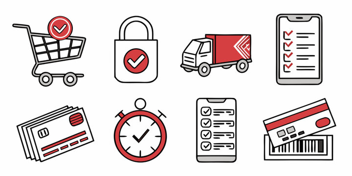 Icons representing various aspects of e-commerce and online shopping Vector