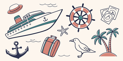 A vibrant collage of nautical and aviation-themed illustrations Vector © rabbi
