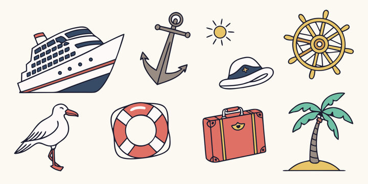 Assorted icons of travel and vacation items including a suitcase, anchor, and beach ball Vector