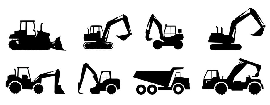 Collection of black and white construction vehicles including bulldozers and excavators