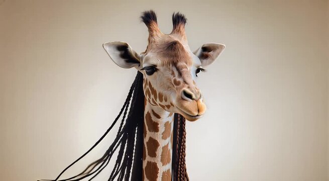 Playful Giraffe with Braided Hair in Studio Setting, Gentle Blinking Motion, symbolizing individuality, unique style, and natural beauty