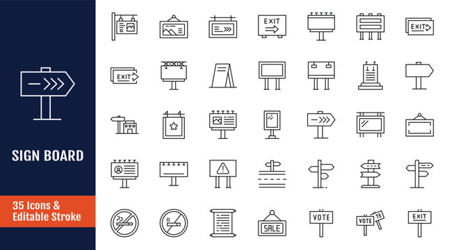 Signs board icon set. Icons relate to billboards, information, directions, symbols, advertisements and more. Outline icon with Editable stroke. Vector illustration
