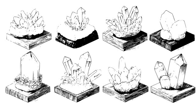 Crystal geode kit including display stands and rock slabs, illustration set