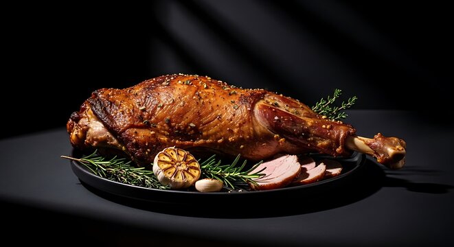 Delicious golden roasted chicken with seasonal vegetables on a dark plate. pierna cordero
