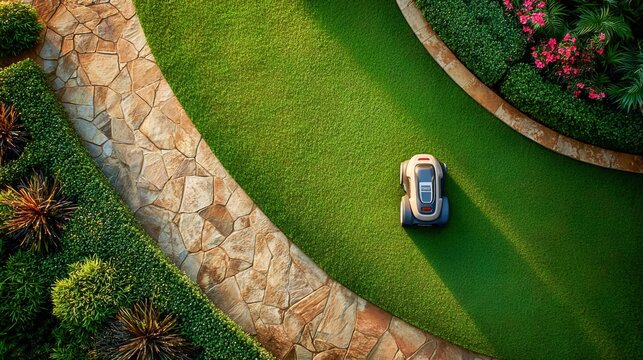 Aerial view of a robotic lawnmower on a lush green lawn with a stone pathway.