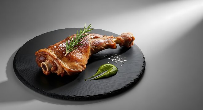 Grilled salmon fillet served with garnish on a black slate plate. pierna cordero
