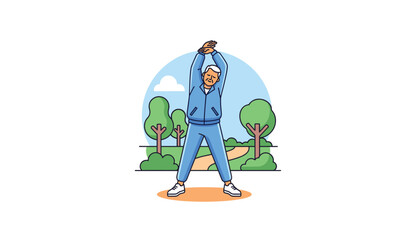 Fototapeta premium Man stretching in park with trees and blue sky