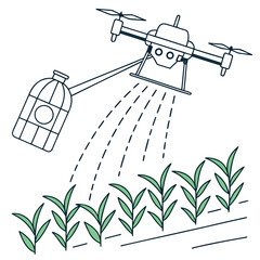 A drone is flying over a field spraying plants