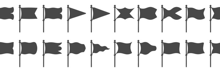 Collection of black silhouette flags on poles in various shapes and sizes
