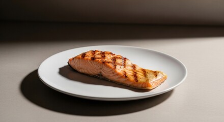 Grilled Salmon on White Plate.