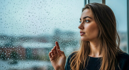 Woman watching rain through window indoors symbolizing contemplation and emotional depth
