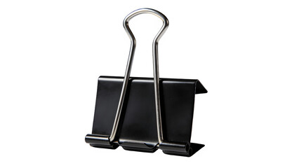 Set of black binder clips in different sizes arranged neatly on a light desk surface, top view, workspace organization theme, professional office supplies concept.