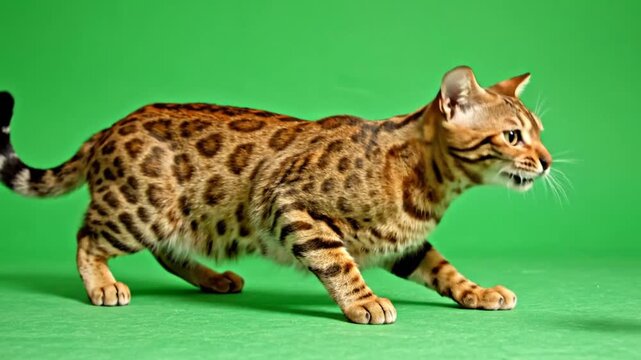 A beautiful Bengal cat with distinctive spotted and striped fur on a vibrant green background, captured in a dynamic pose.