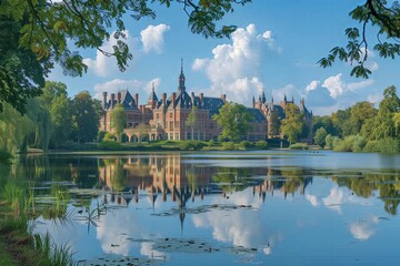 Peace Palace reflection on the pond in The Hague, home to the International Court of Justice, principal organ of United Nations