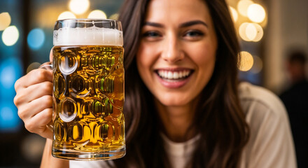 Woman laughing with stein in hand symbolizing celebration and joyful social gathering