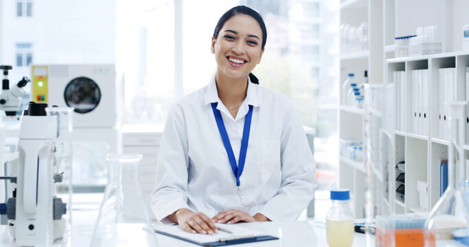 Portrait, happy woman and scientist in lab with checklist for research, pharma development or chemistry. Chemist, science and person with medical clipboard, professional and employee with innovation