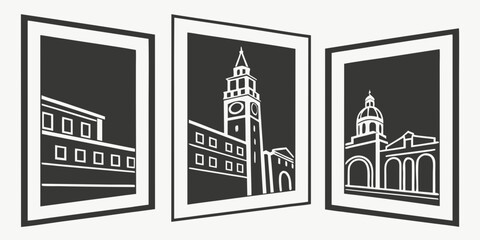 Naklejka premium Three black and white framed pictures of a church on a white background Vector