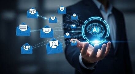 Fototapeta premium Businessman interacting with A I brain and connected email artificial intelligence