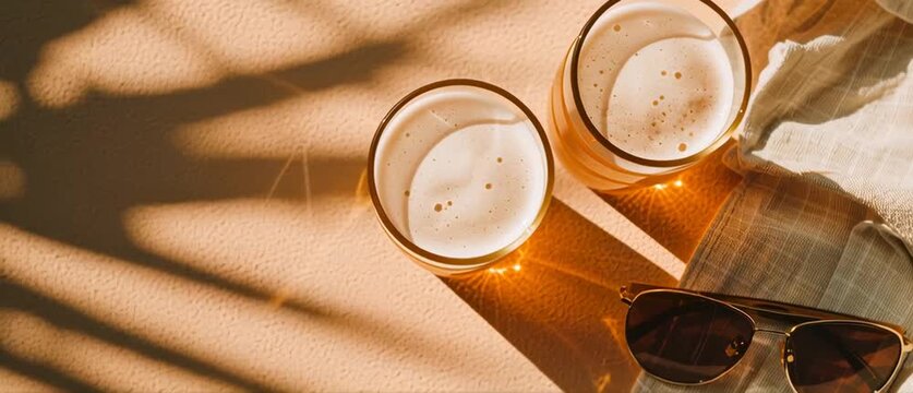 Two cold beers sit on a surface with sunglasses and fabric in soft sunlight