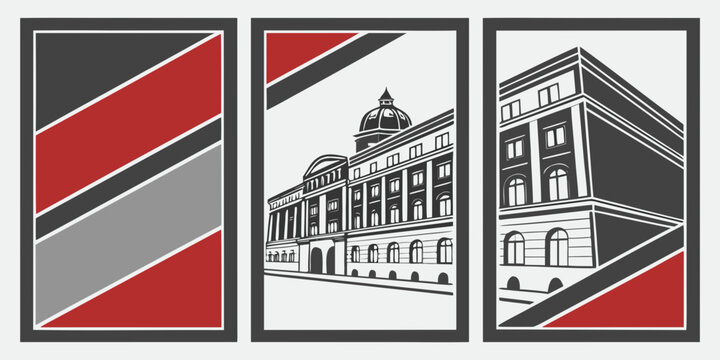 A collage of three images featuring a red and black striped pattern, a building, and a modern structure. Vector