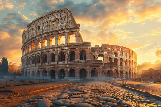 Ancient Colosseum in Rome Italy at glorious sunrise a photorealistic wide angle view of the historic landmark