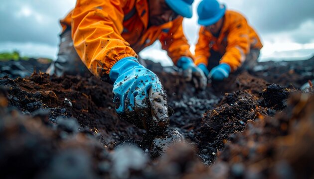 Workers carefully examine soil samples at an environmental remediation site