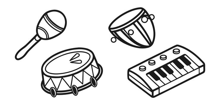 A variety of musical instruments including a tambourine, drum, triangle, and keyboard Vector