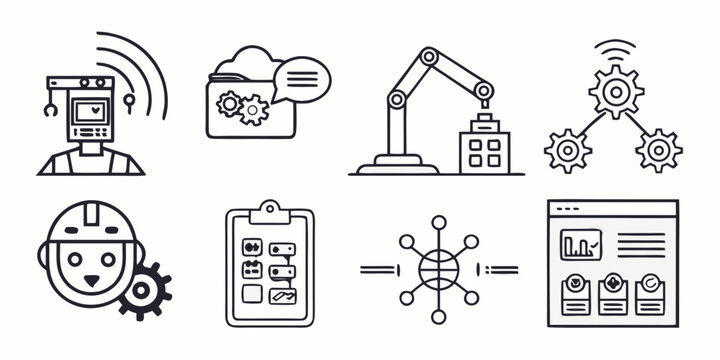 A collection of icons representing various aspects of industrial and technological development. Vector