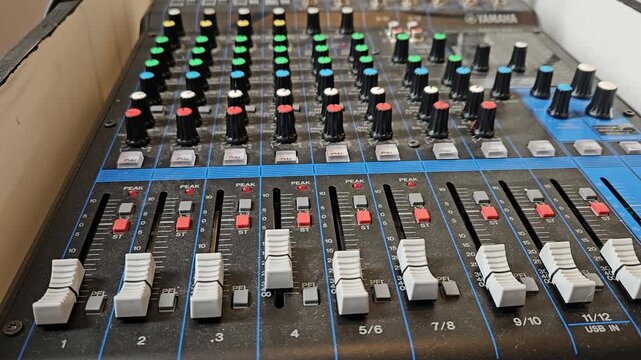 Jakarta, Indonesia - 24th January 2026 - Professional analog audio mixing console featuring multiple channels with faders, knobs, and EQ controls for high-quality sound reinforcement, music production