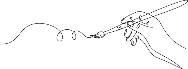 Continuous one line drawing of a human hand holding a paintbrush creating a wavy stroke minimalist black outline vector illustration. © ALEX BIN