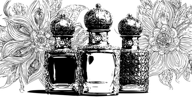 Romance elixir collection featuring ornate stoppers and liquid, vector set