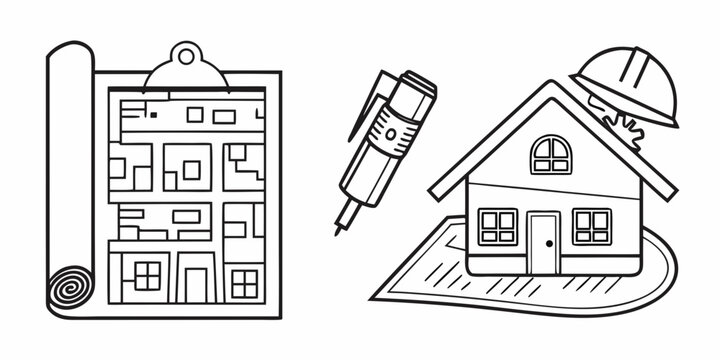 Illustration of a house blueprint and a house with a pencil on top Vector