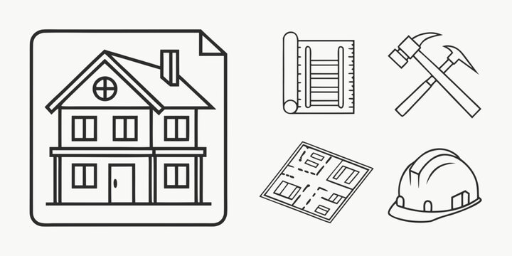 Illustration of house blueprints, tools, and construction elements Vector