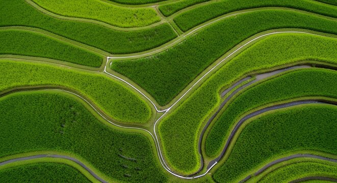 Lush Green Terraced Rice Fields Aerial View.