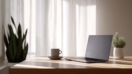 A symmetrical eye-level shot of a wooden desk featuring a laptop, a steaming cup of coffee, and a small potted plant in soft light.
