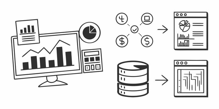 Illustration of data analysis and business intelligence processes Vector