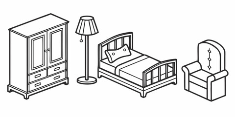 A bedroom with a bed, wardrobe, chair, and a lamp Vector