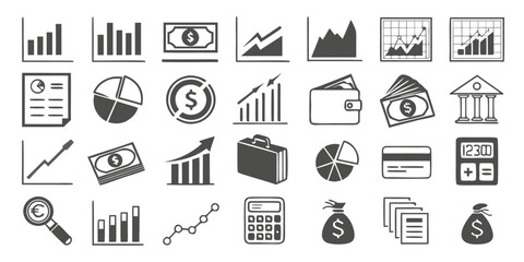 Diverse collection of icons representing various business and financial concepts. Vector