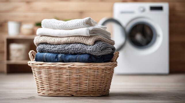 Freshly laundered clothes neatly stacked in a wicker basket, ready to be folded