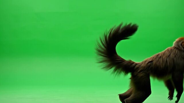 A monkey with a long, bushy tail walks across a vibrant green screen background.