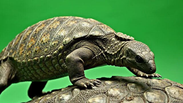 A lizard with scaly skin and strong legs walking on the patterned shell of a tortoise against a vibrant green background.