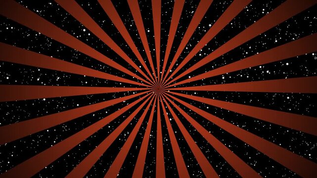 Seamless black and rust red rotating abstract radial Sunburst with stars background loop animation.