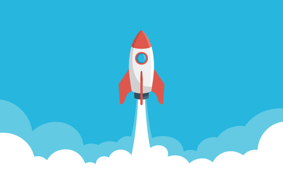 Red and white rocket blasting off into a bright blue sky with white clouds below