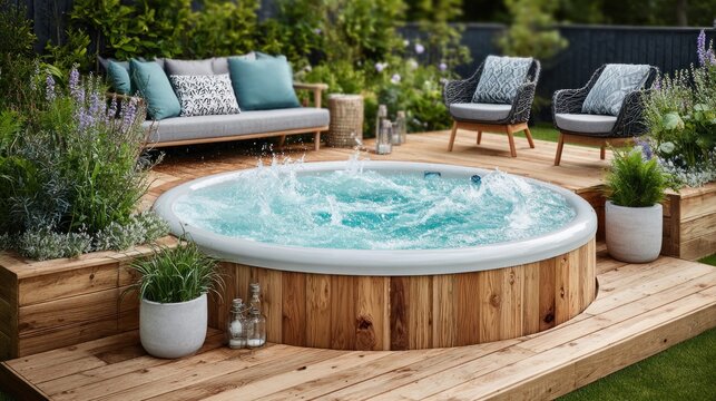 Relaxing outdoor hot tub with wooden deck and comfortable seating area