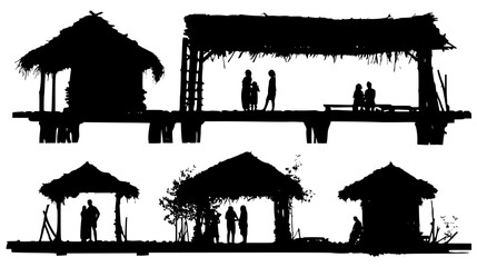 Fototapeta premium Stone dwelling family located beneath rustic wooden bridge structures, vector set
