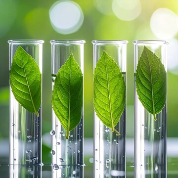 Four test tubes with green leaves in water